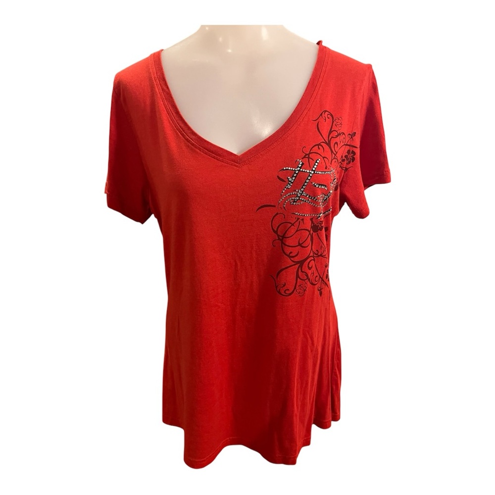 Harley-Davidson Red V-Neck Short Sleeve Tee with Rhinestone Accent size M